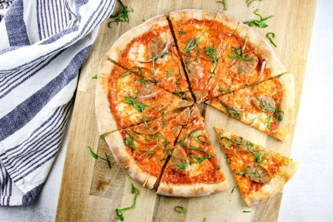 Thin Crust Pizza with Fresh Mozzarella, Chicken Sausage, Red Onion &amp; Basil