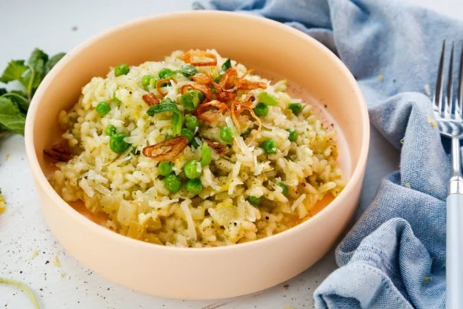 Spring Pea Risotto with Mint, Tarragon, and Crispy Shallots