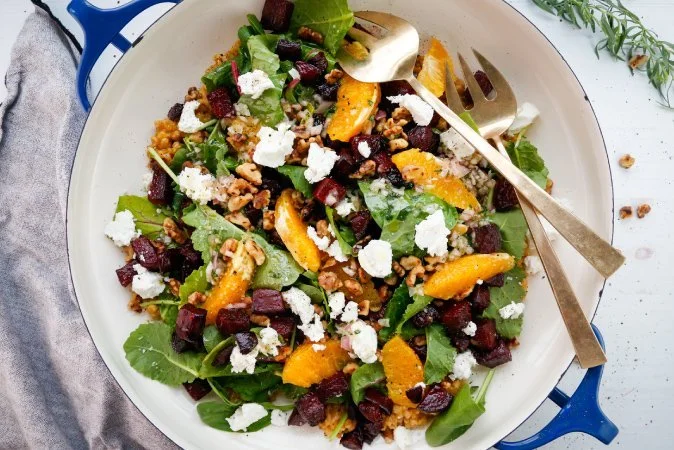 Winter Beet Salad with Baby Greens, Goat Cheese, Farro, Oranges,Walnuts, and Honey Tarragon Dressing