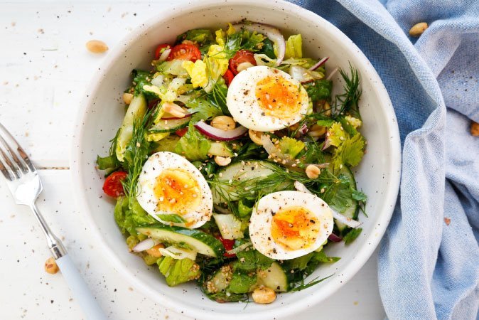 Herbed Cucumber and Tomato Salad with Garlic Sesame Dressing and Jammy Eggs