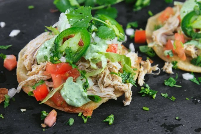 Slow Cooker Chicken Tostadas with Avocado Cream