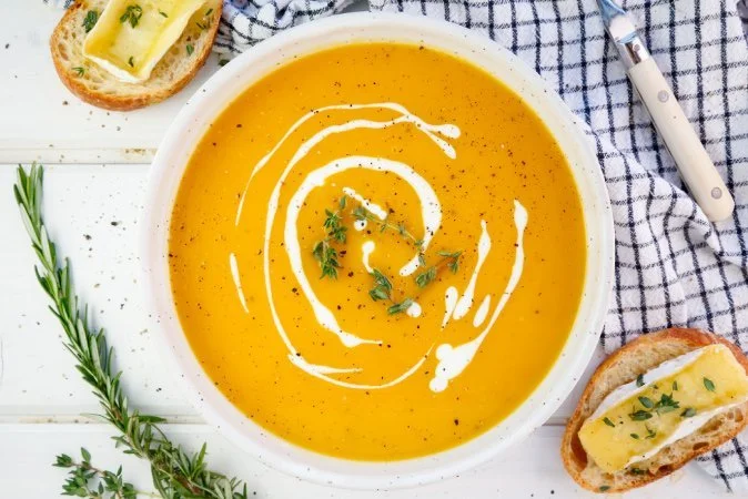 Butternut Squash Soup with Melted Brie and Honey Crostini