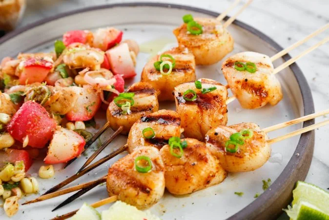 Spicy Grilled Scallops with a Corn, Bean, and Radish Salad