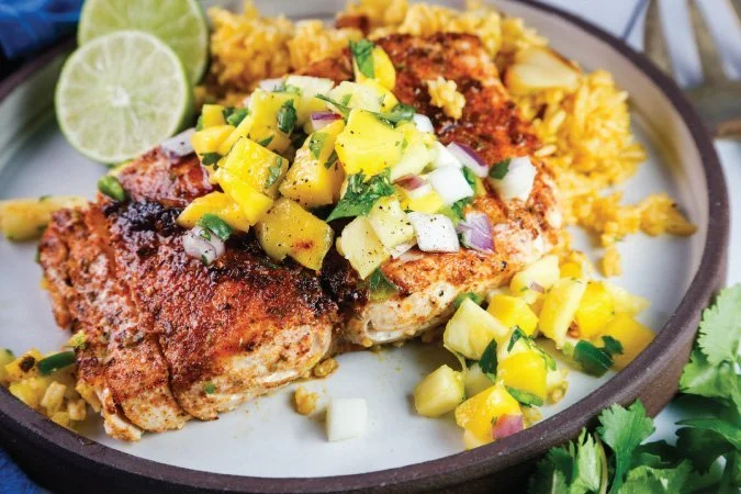 Grilled Mahi-Mahi with Pineapple-Mango Salsa &amp; Roasted Garlic Rice