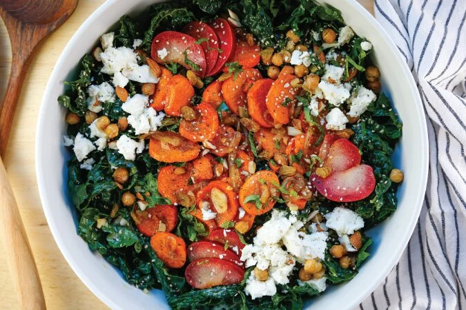 Caramelized Sweet Potato &amp; Kale Salad with Tahini Dressing