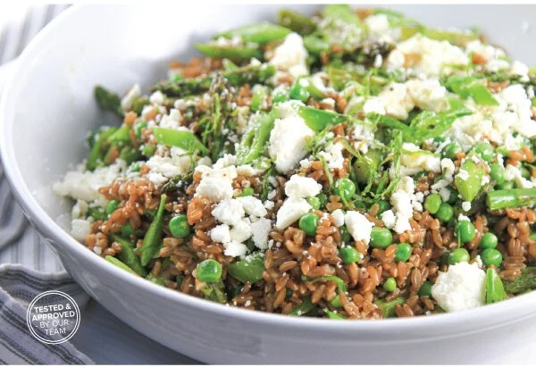 Farro Salad with Roasted Asparagus, Peas, and Feta with a White Wine Vinaigrette 