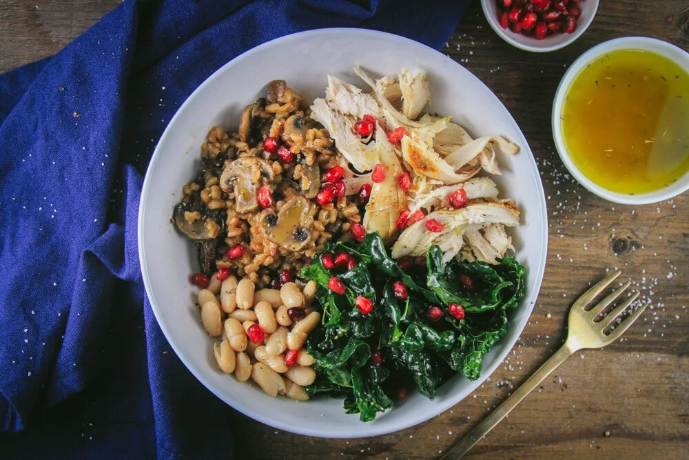 Savory Chicken &amp; Farro Bowl with a White Balsamic Dressing