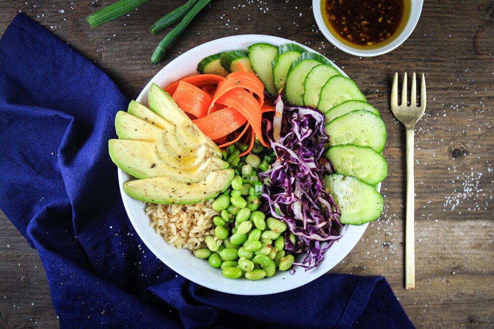 Brown Rice Rainbow Bowl with a Sesame-Ginger Vinaigrette