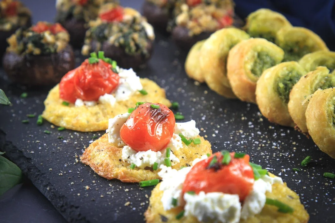 Polenta Crostini with Goat Cheese, Cherry Tomatoes &amp; Chives