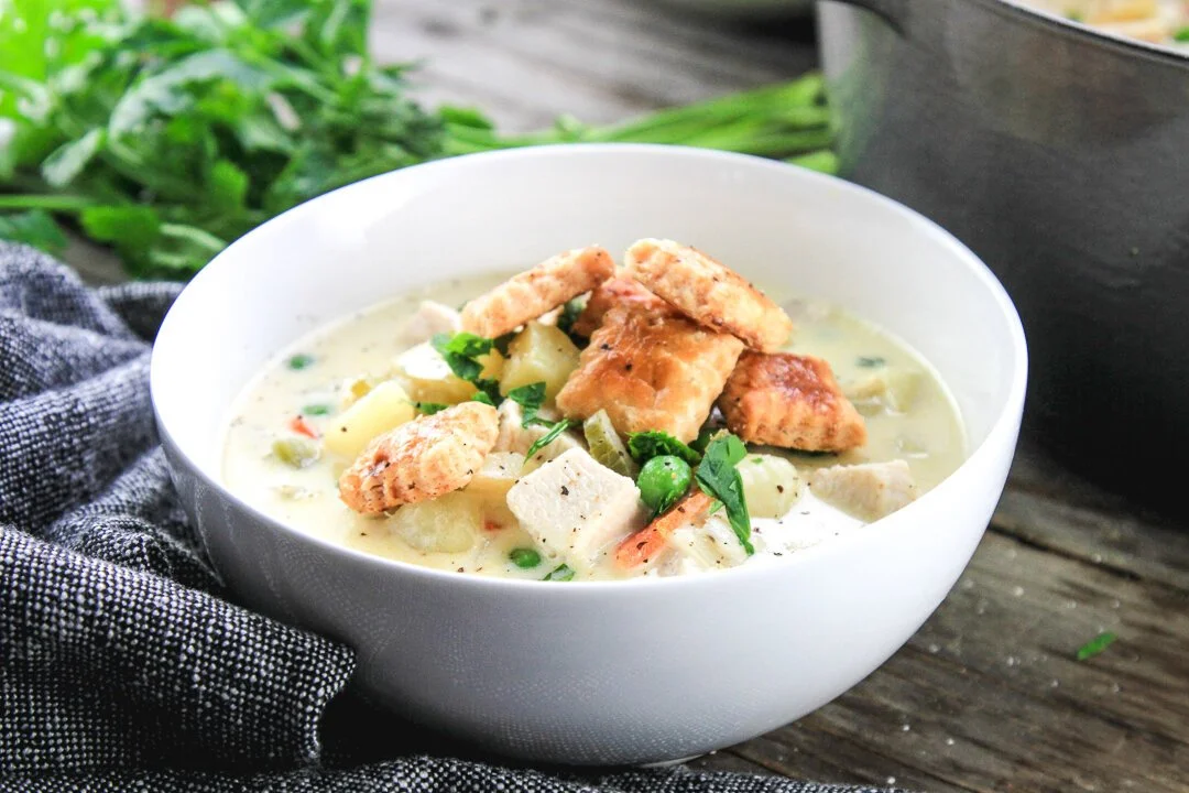Chicken Pot Pie Soup with Pie Crust Crackers