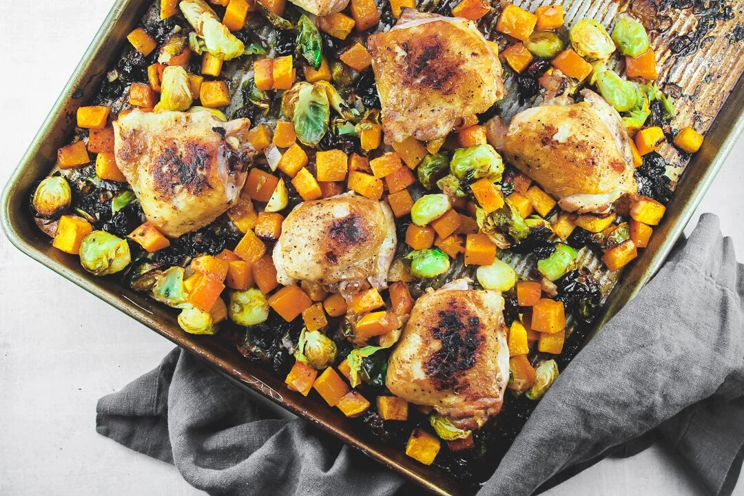 Sheet Pan Chicken Thighs with Brussels Sprouts, Butternut Squash, &amp; Cherries 