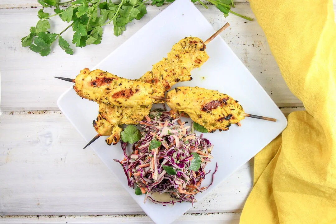 Turmeric Chicken Skewers with Tangy Slaw