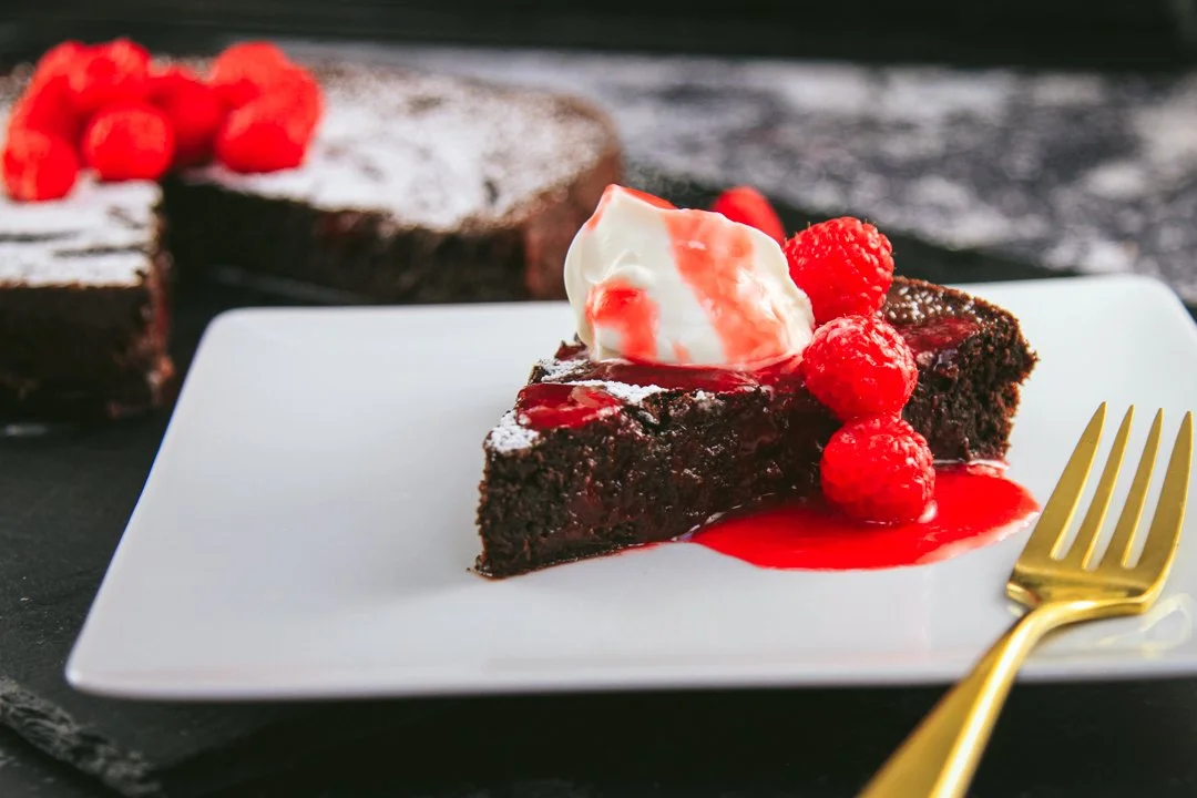 Flourless Chocolate Espresso Cake with Raspberry Sauce and Crème Fraîche