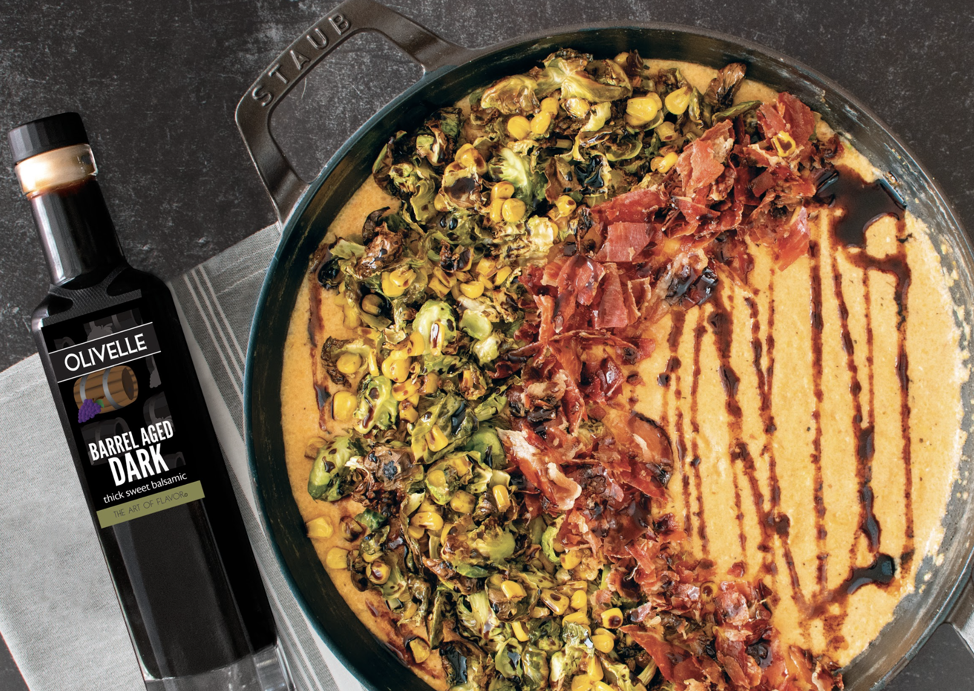 Creamy Polenta with Crispy Pancetta, Brussels Sprouts, and Corn