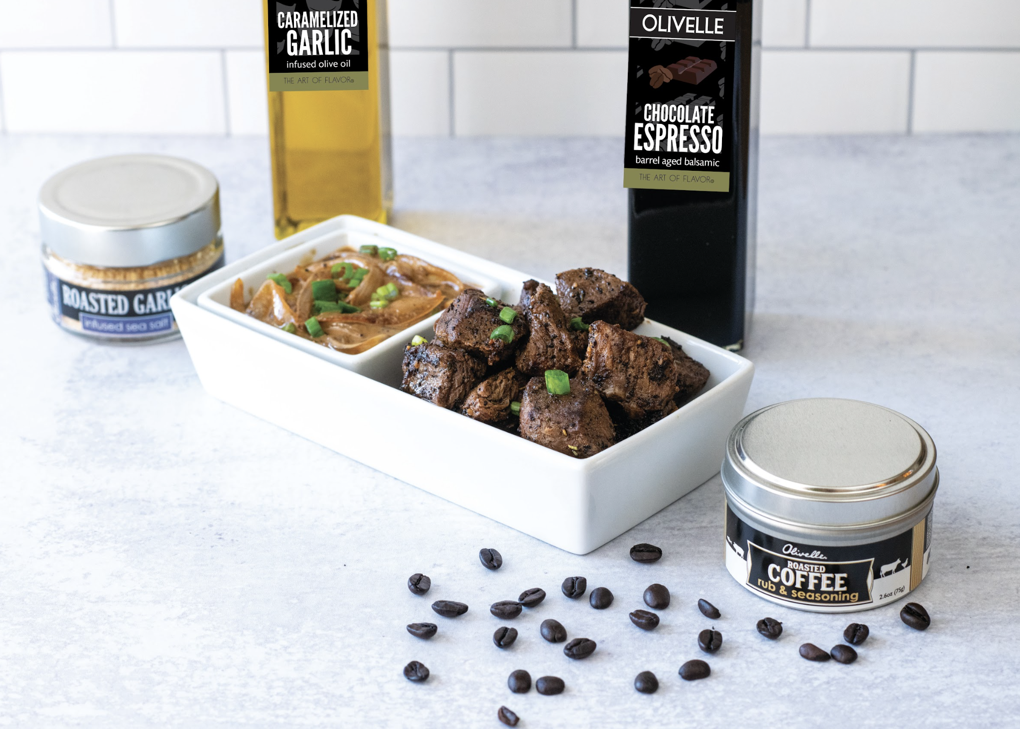 ​Coffee Steak Tips with Caramelized Onion Balsamic Whiskey Cream Sauce