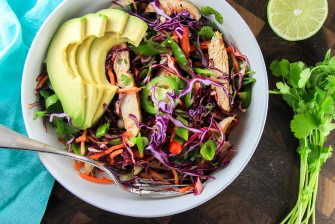 Grilled Chicken and Veggie Salad with a Soy Sesame-Ginger Dressing