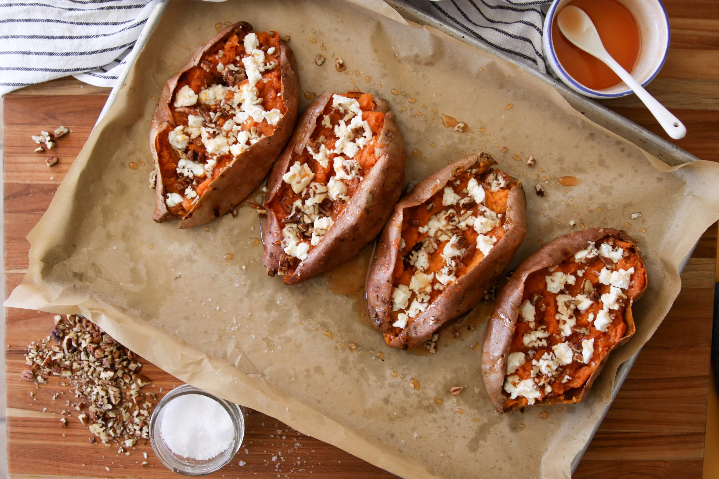 Hot Honey &amp; Goat Cheese Baked Sweet Potatoes