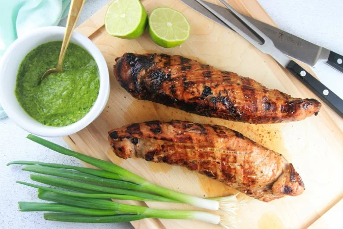 Marinated and Grilled Pork Tenderloin with Creamy Green Sauce