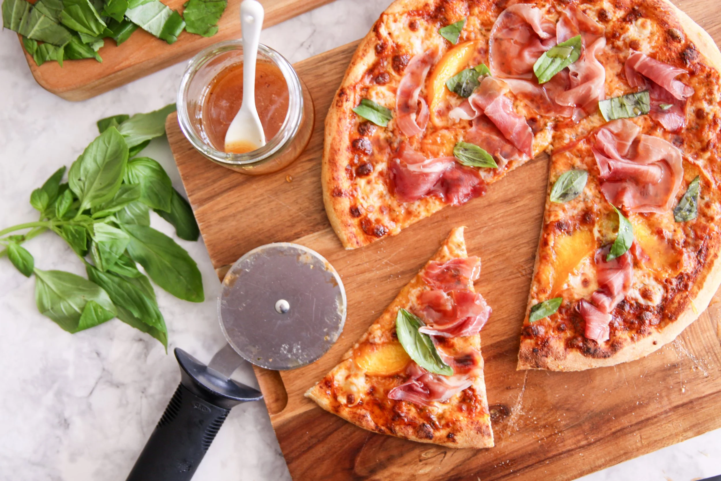 Peach and Prosciutto Neapolitan Pizza with Spicy Honey Drizzle