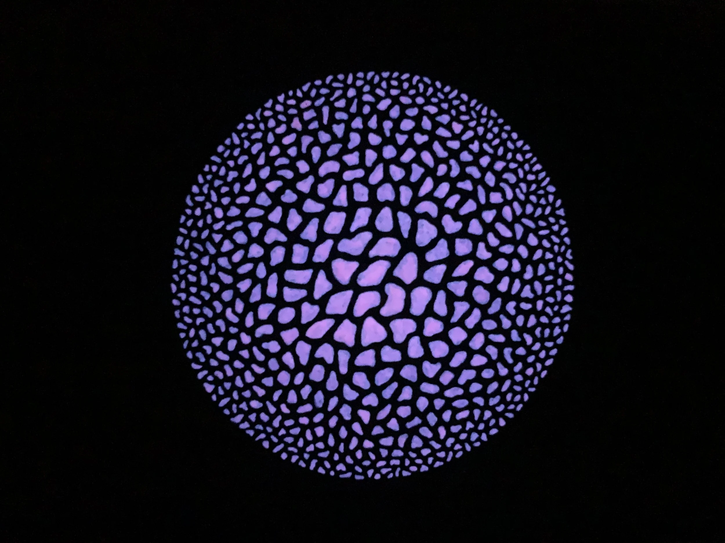 Phosphorescent Pink Moon Rocks, 
Paint/paper, 11.7” x 16.5”, 2025 nighttime view, $1050