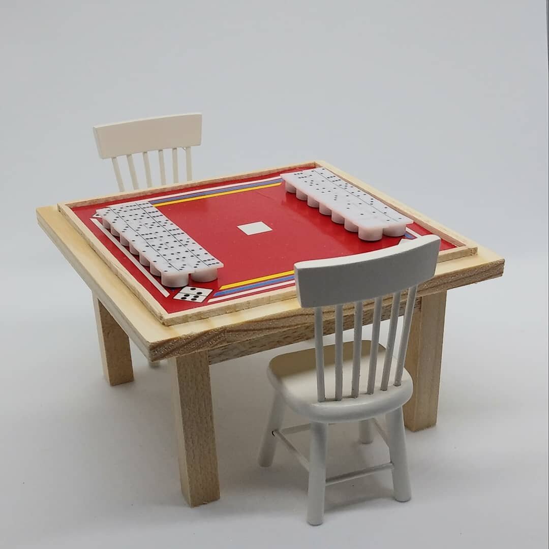 Dominos anyone!  Made this cute dominos table.  Still deciding whether to paint it or leave it unfinished.  Not sure. 
#dollhousefurniture
#dollhouseminiatures 
#shopowner
#miniatureenthusiast 
#miniaturetreasures#dominosanyone