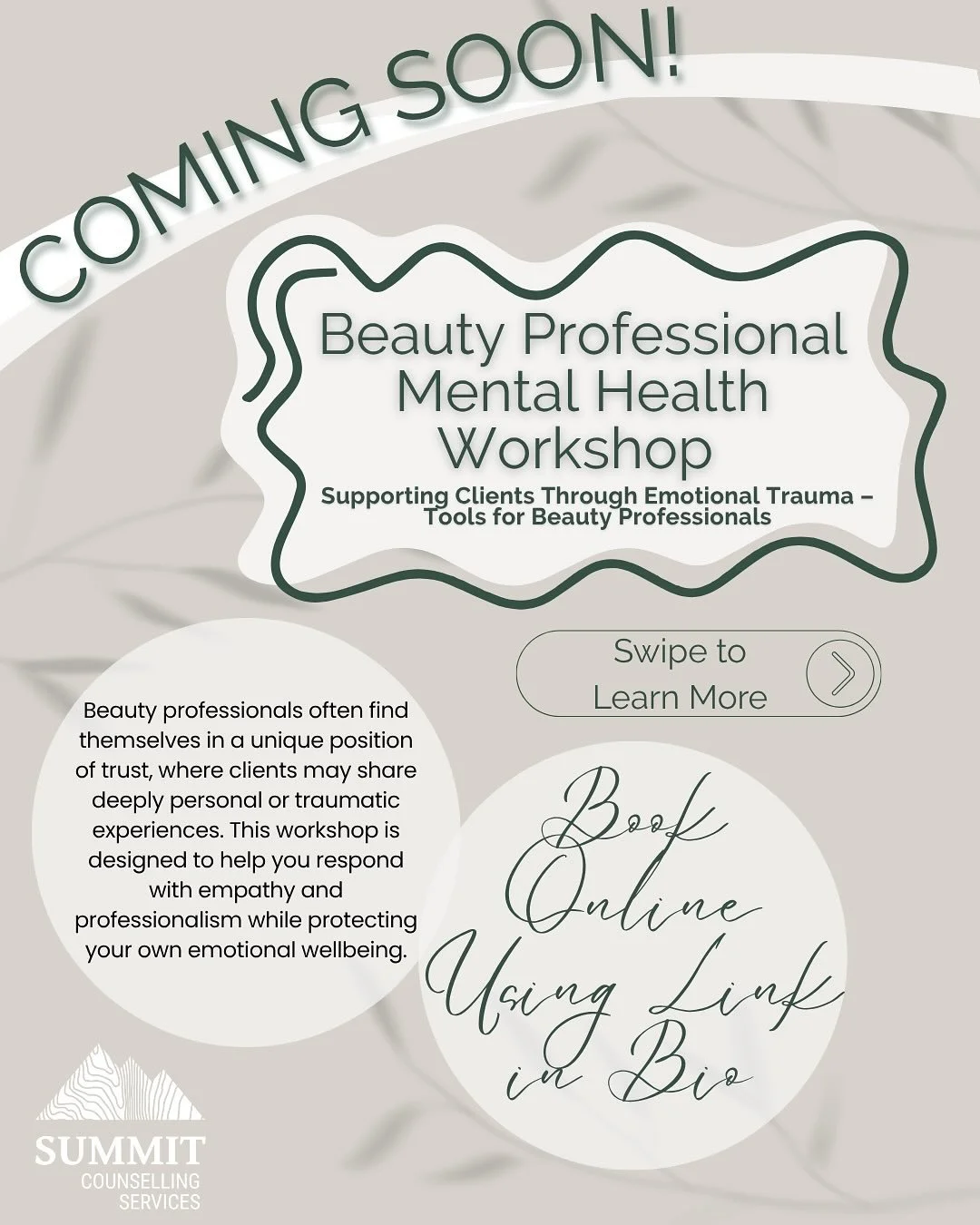 🌿 COMING SOON! 🌿

Beauty professionals are often trusted with more than just their clients&rsquo; appearances &mdash; sometimes, they hold space for deep emotional moments too. 💬💞

Join us for the Beauty Professional Mental Health Workshop, desig