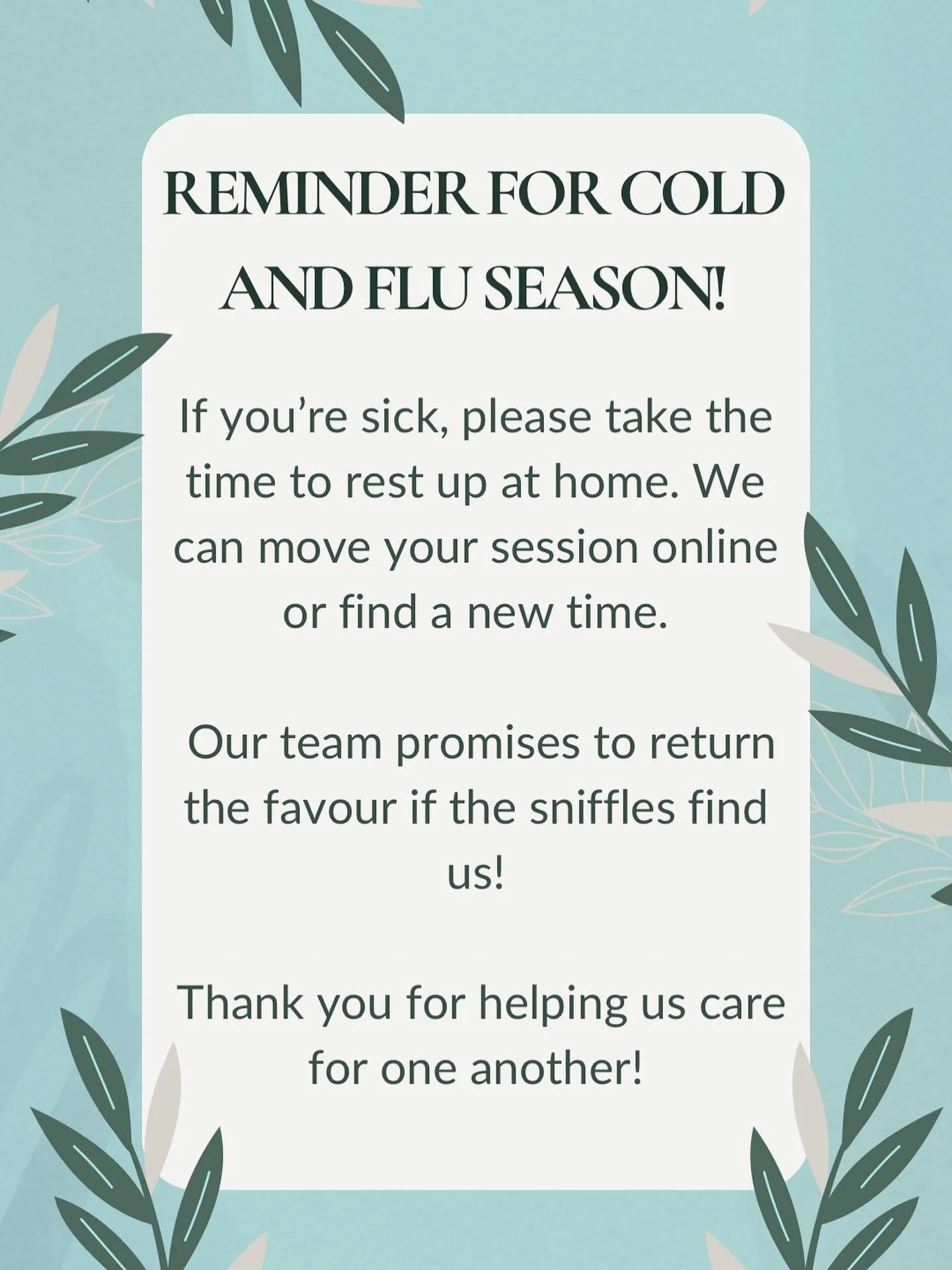 ❄️Cold &amp; flu season is here &mdash; let&rsquo;s look out for each other! 

☃️If you&rsquo;re under the weather, we&rsquo;re happy to move your session online or find a new time. Rest up, feel better, and we&rsquo;ll do the same

#mentalhealth #co