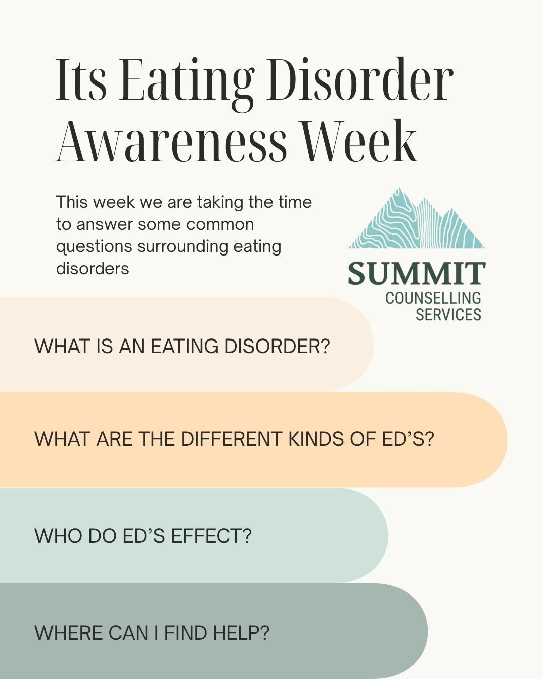 🪴 It&rsquo;s Eating Disorder Awareness Week! This week we are unpacking some common questions regarding eating disorders and where to reach out for help. 

🌿 At Summit, Alex and Courtney offer compassionate and evidence-based support for those stru
