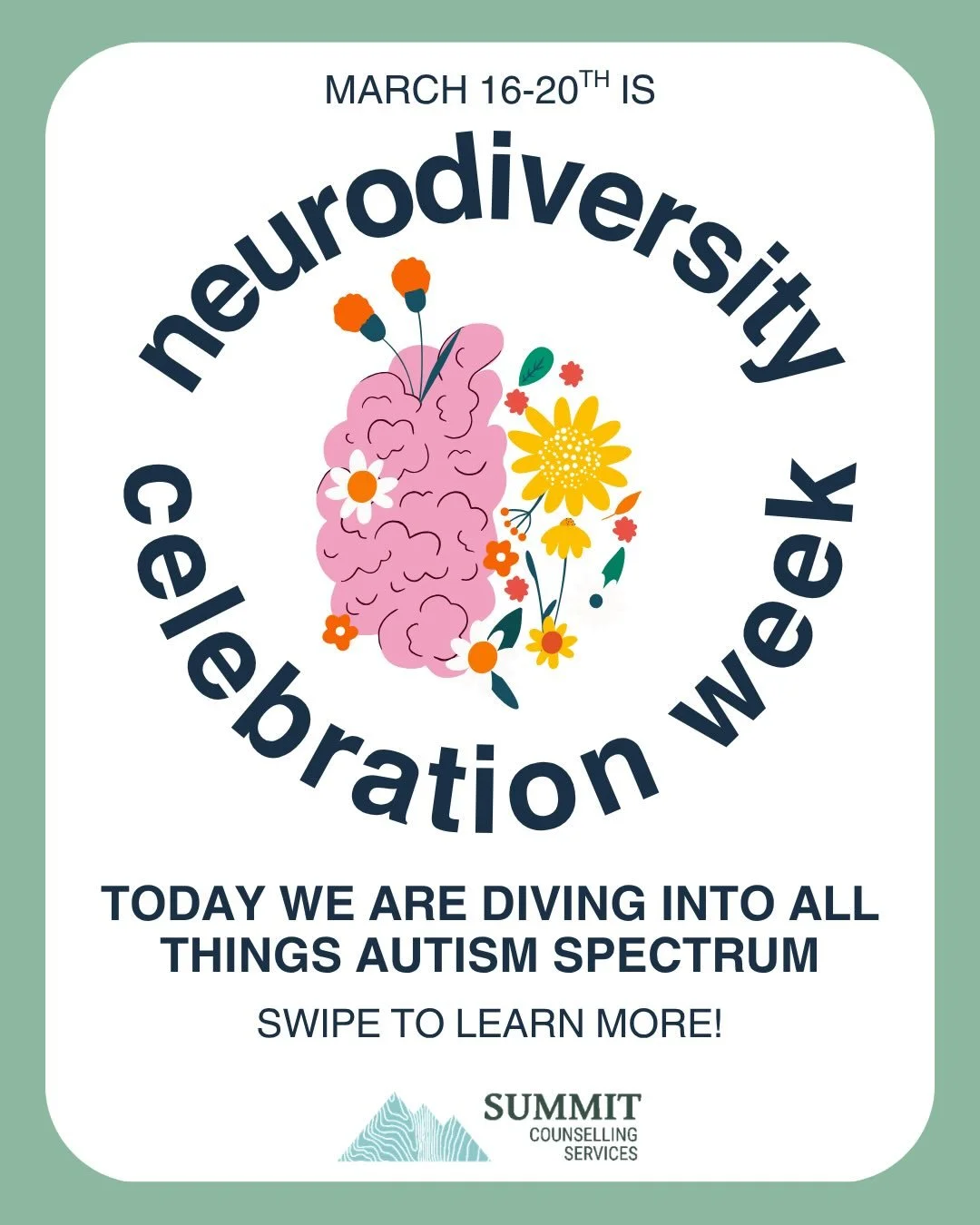 Neurodiversity Celebration Week 💙

At Summit Counselling Services, we recognize and celebrate the richness of the autism spectrum&mdash;honouring the unique strengths, perspectives, and experiences that make every individual who they are. 🌈

Today 