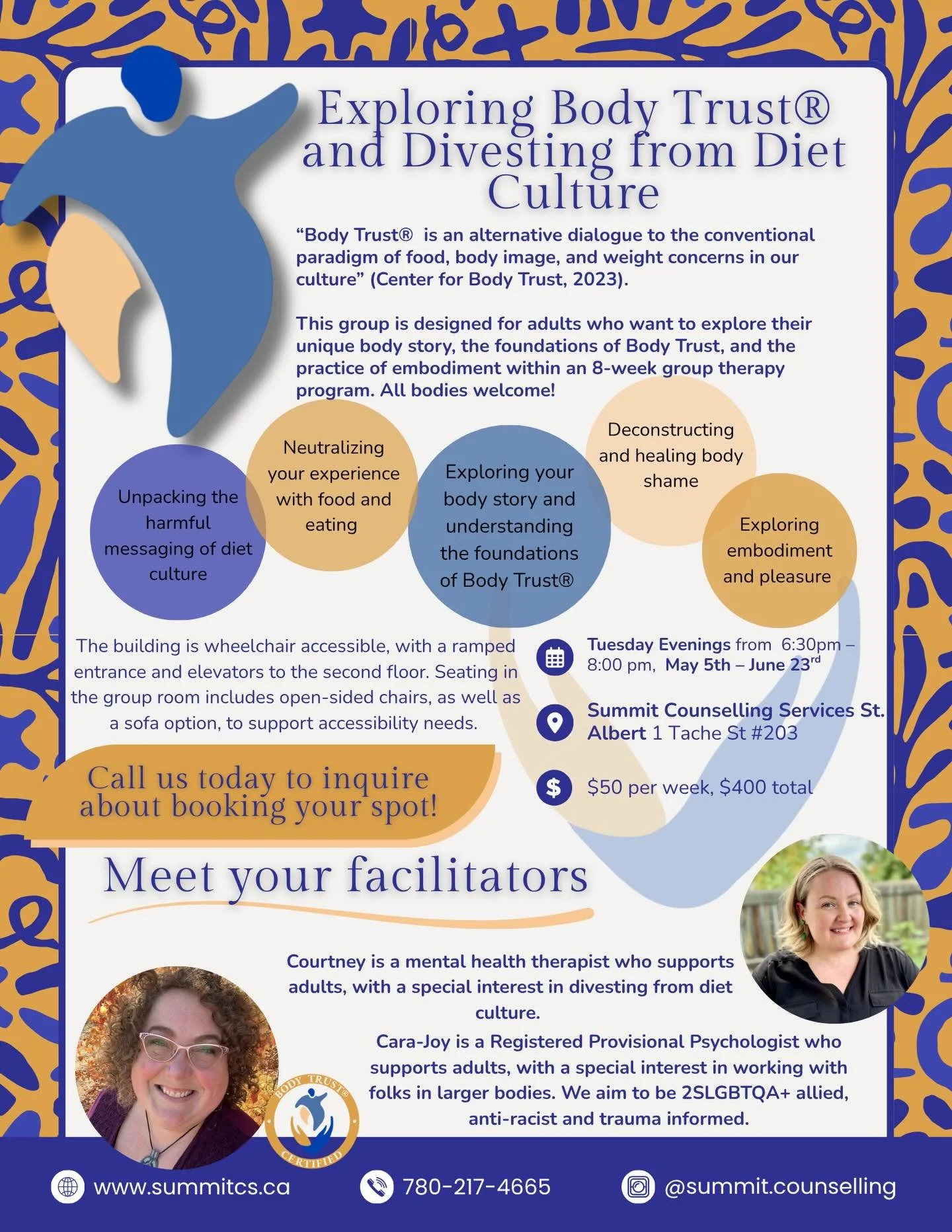 🪴COMING SOON TO SUMMIT COUNSELLING SERVICES🪴

🌱 Exploring Body Trust and Divesting from Diet Culture, an 8-week group therapy program. 

🪴Join Courtney and Cara-Joy to explore your unique body story, unpack the harmful messages of diet culture, d