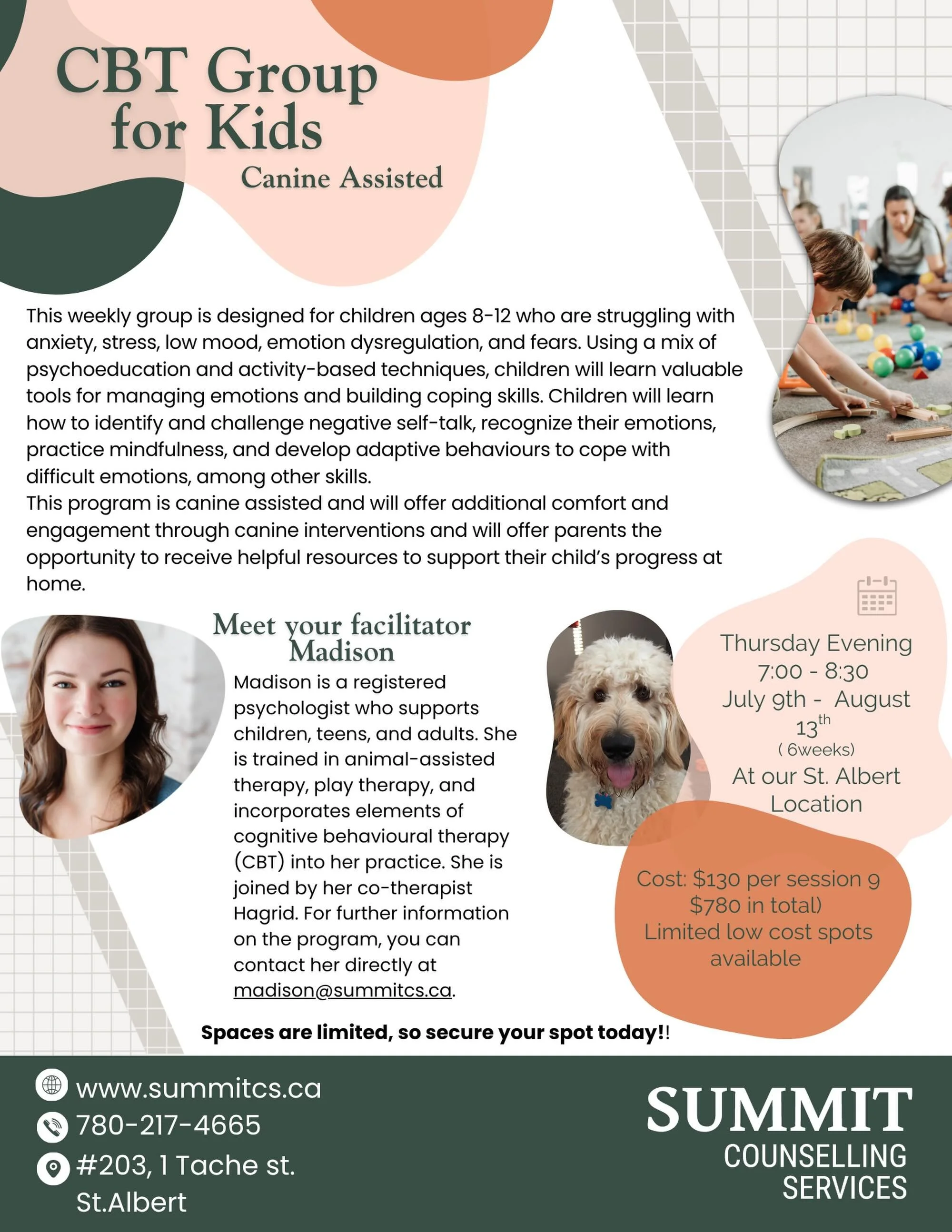 🐾 It&rsquo;s back! Our Canine Assisted CBT Group for Kids is returning this summer at Summit Counselling Services! 💛

This weekly group is designed for children ages 8&ndash;12 who are struggling with anxiety, stress, low mood, fears, or emotion re
