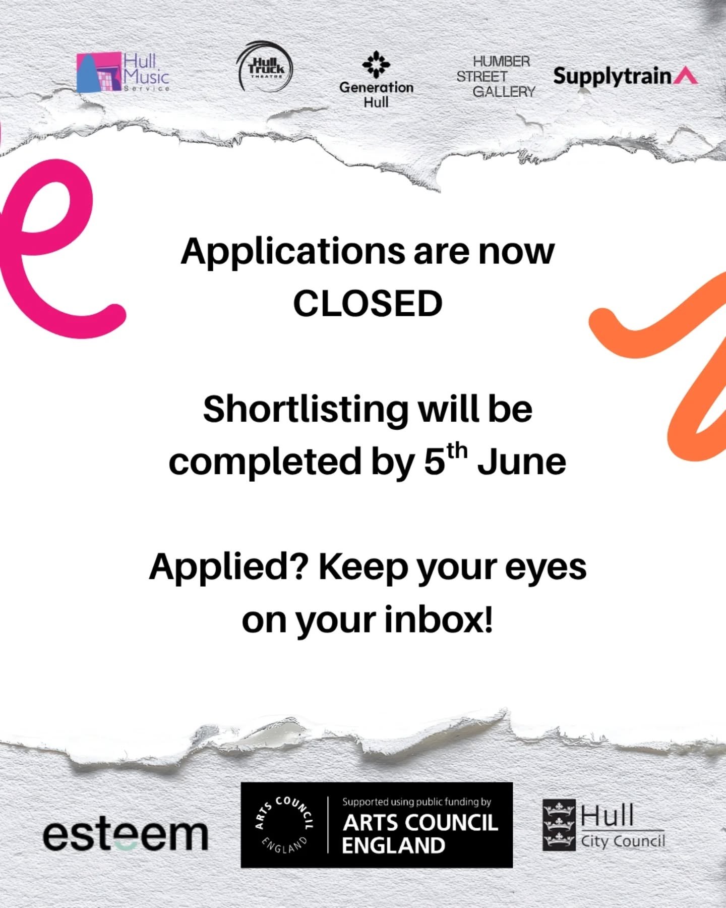❌APPLICATIONS ARE NOW CLOSED❌

Thank you to everyone who has applied for our 3 Creative Apprenticeships at @hulltruck @humberstreetgallery &amp; @hullmusichub 😀

Our applications are now closed and shortlisting will now begin and will be completed b