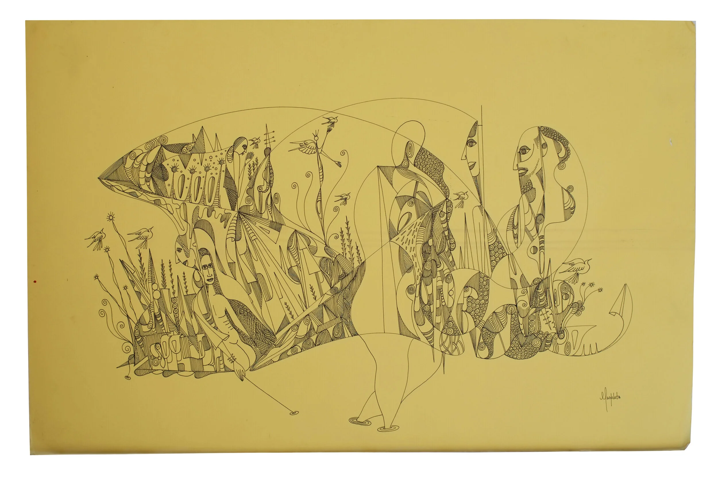 "El Espiritu De La Humanidad", 2018, Ink On Yellow Matte Board