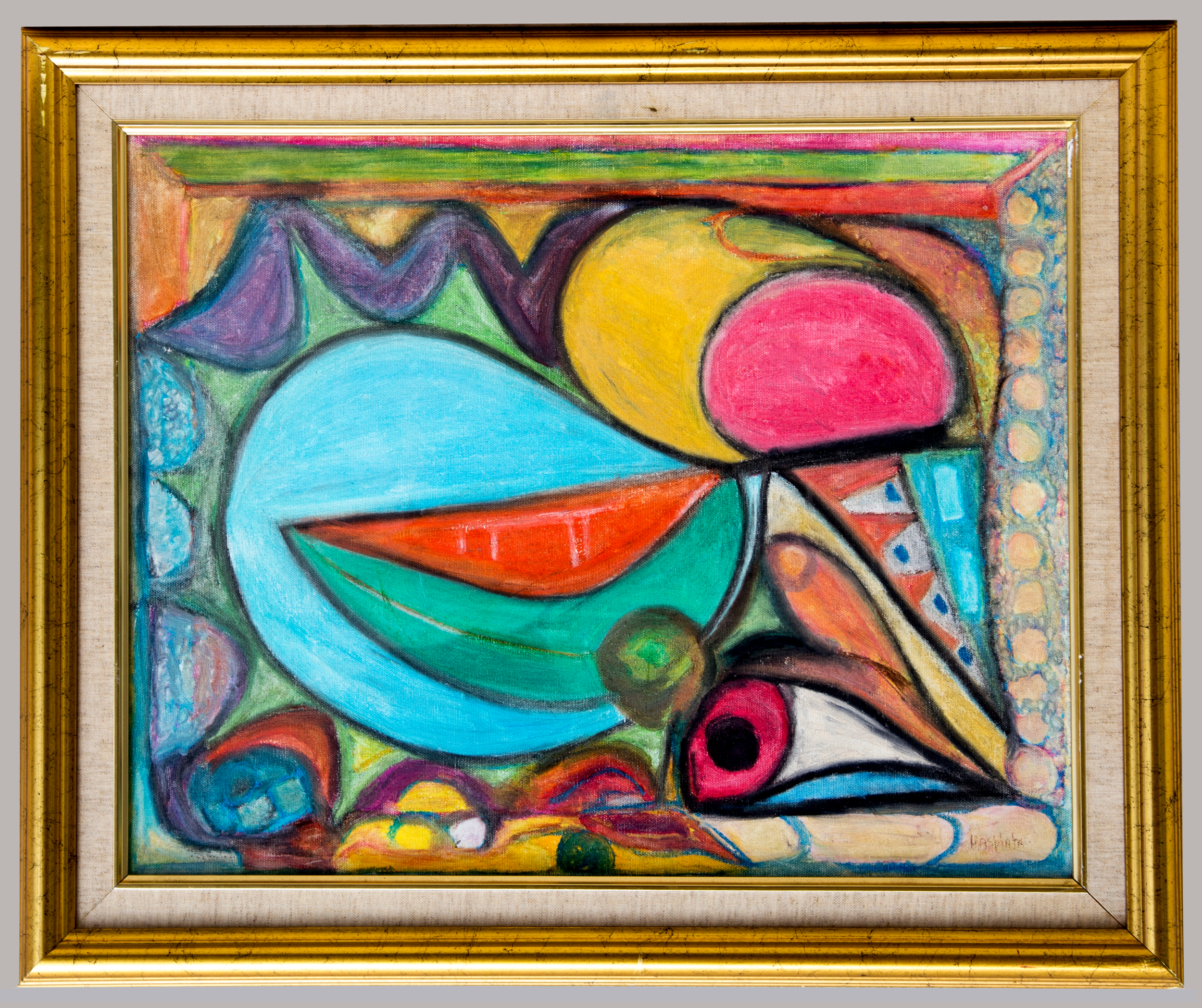 Bread, Cheese and Fruit, 2002, Oil Pastel on Canvas Board