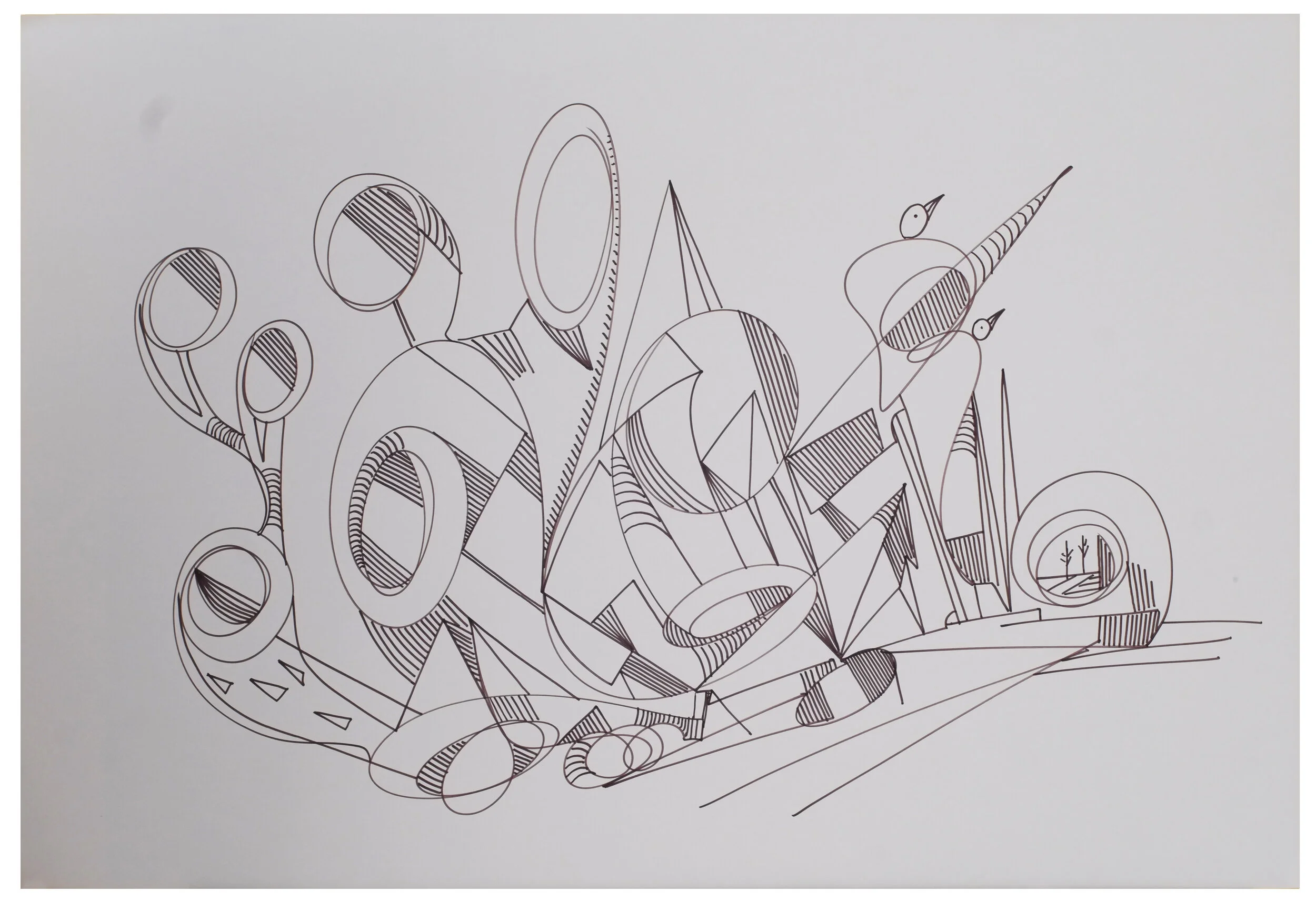 Birds and Vessel, 2020, Marker on poster board, 20x30"