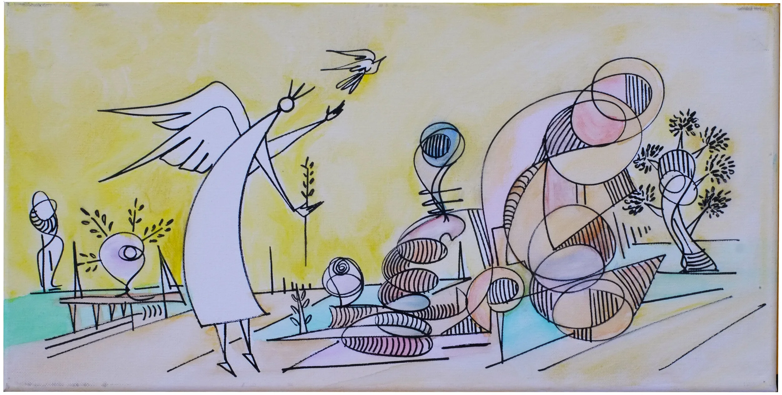 "Harvesting", 2020, Marker and Watercolor on Canvas, 20"x10"