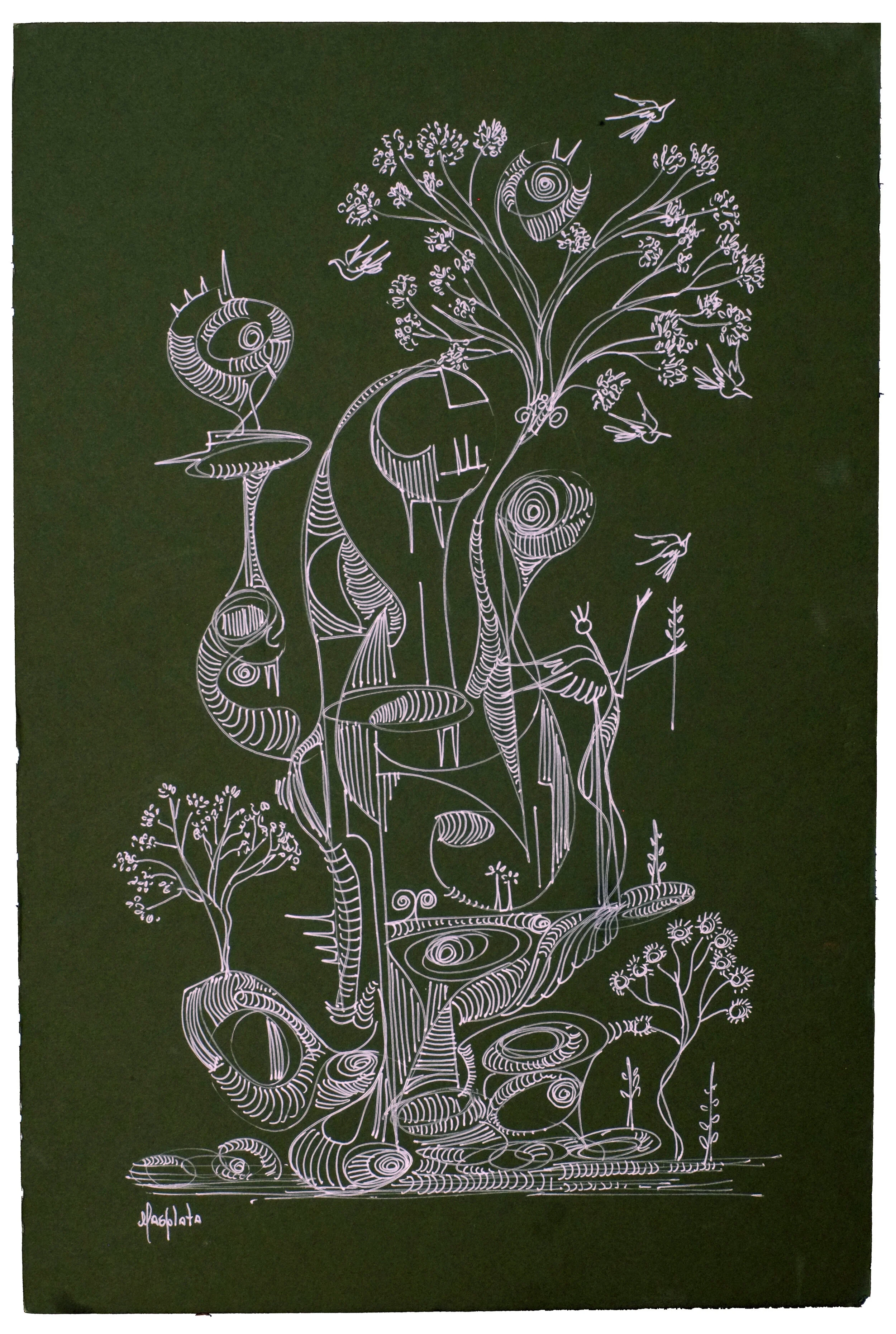 "Prosperity", 2020, Gel pen on green matte board, 10.25x15.5