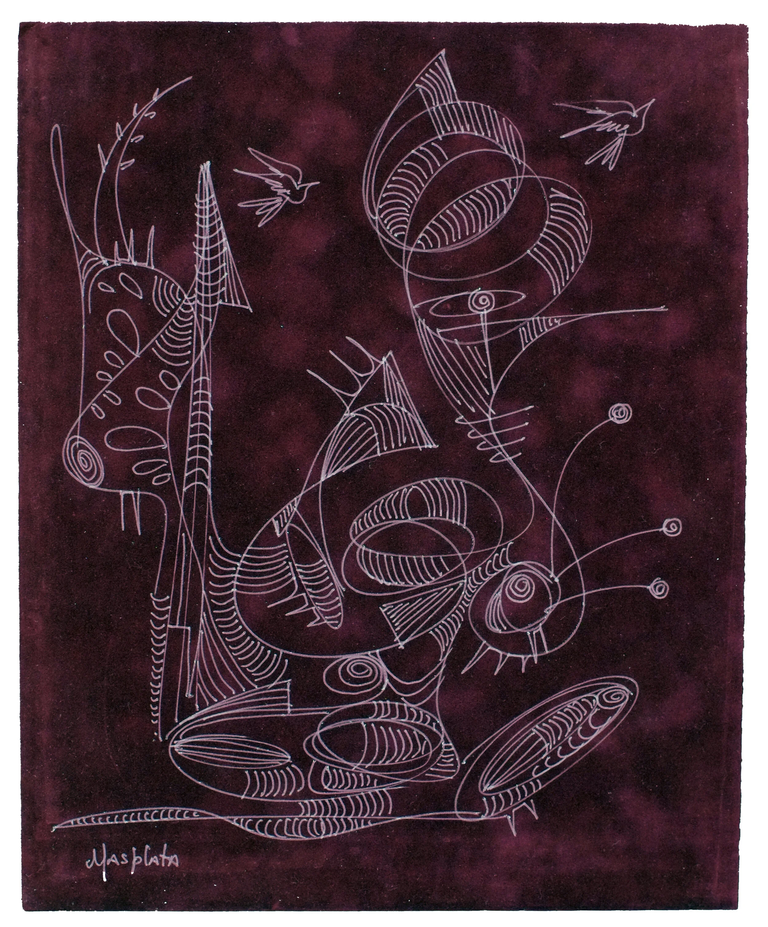 "Angel on Purple no. 1", 2019, White Oil Marker on Velvet, 10x12"