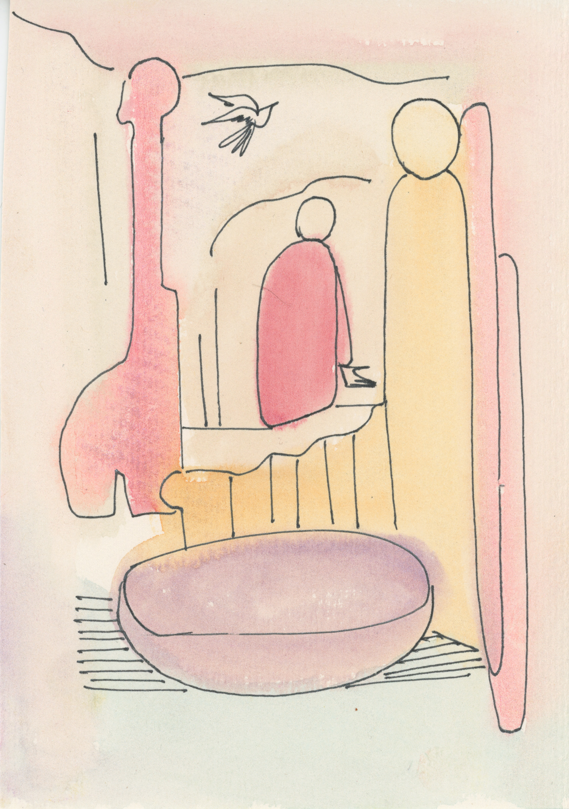 "Secret Life of monks no. 2" 2019, Watercolor and ink, 4.75" x 6.5"