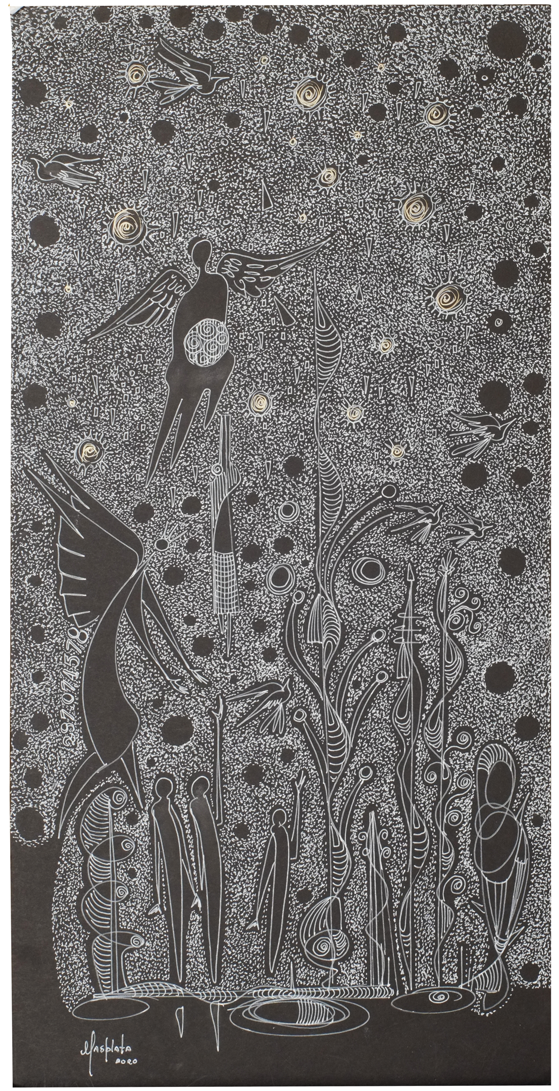 "Guardian Angels", 2020, White Gel pen on Blackboard, 11.5 x 23.75"