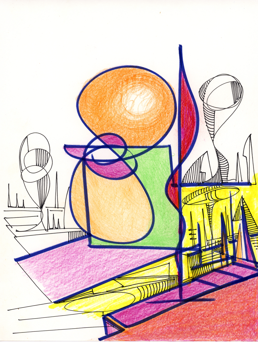 "Angelical City", 2020, Ink and Color Pencil on paper, 8.5"x11"