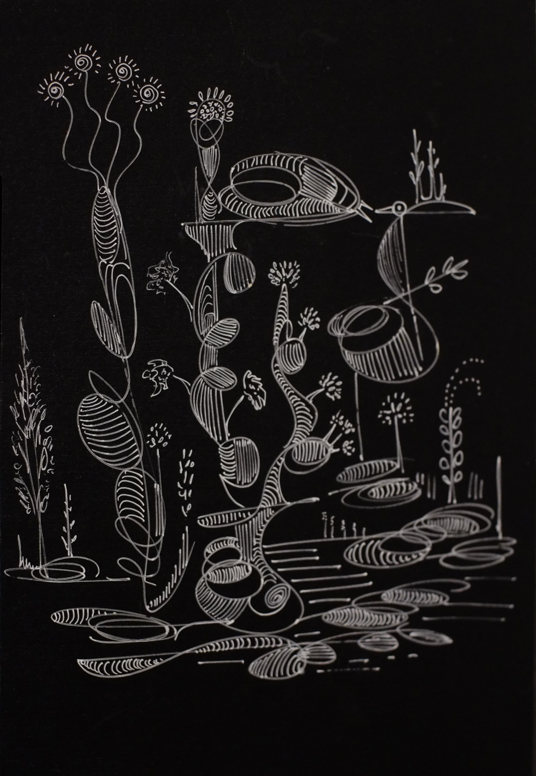 "Blooming Garden". 2020, watercolor ink on blackboard, 9.5"x13"