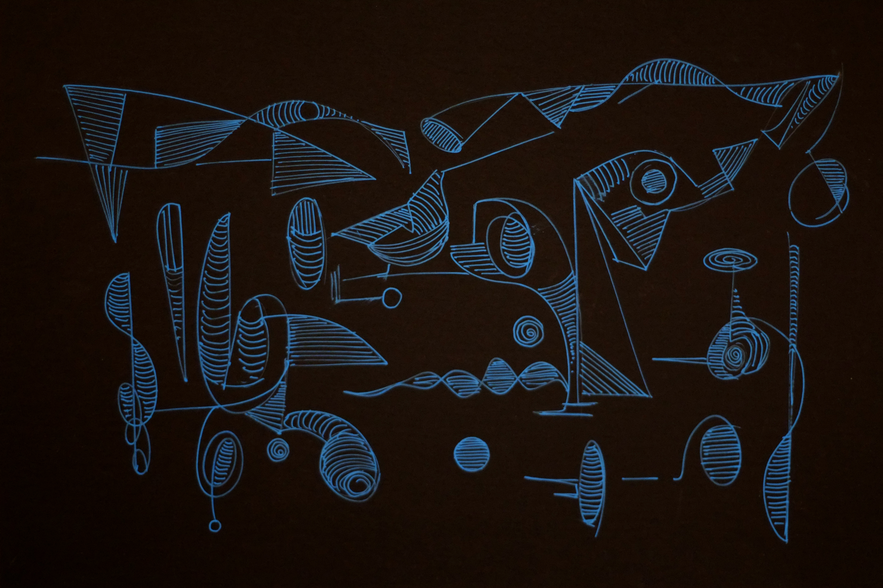 "Floating in space", 2020, blue pen on blackboard, 18"x12"