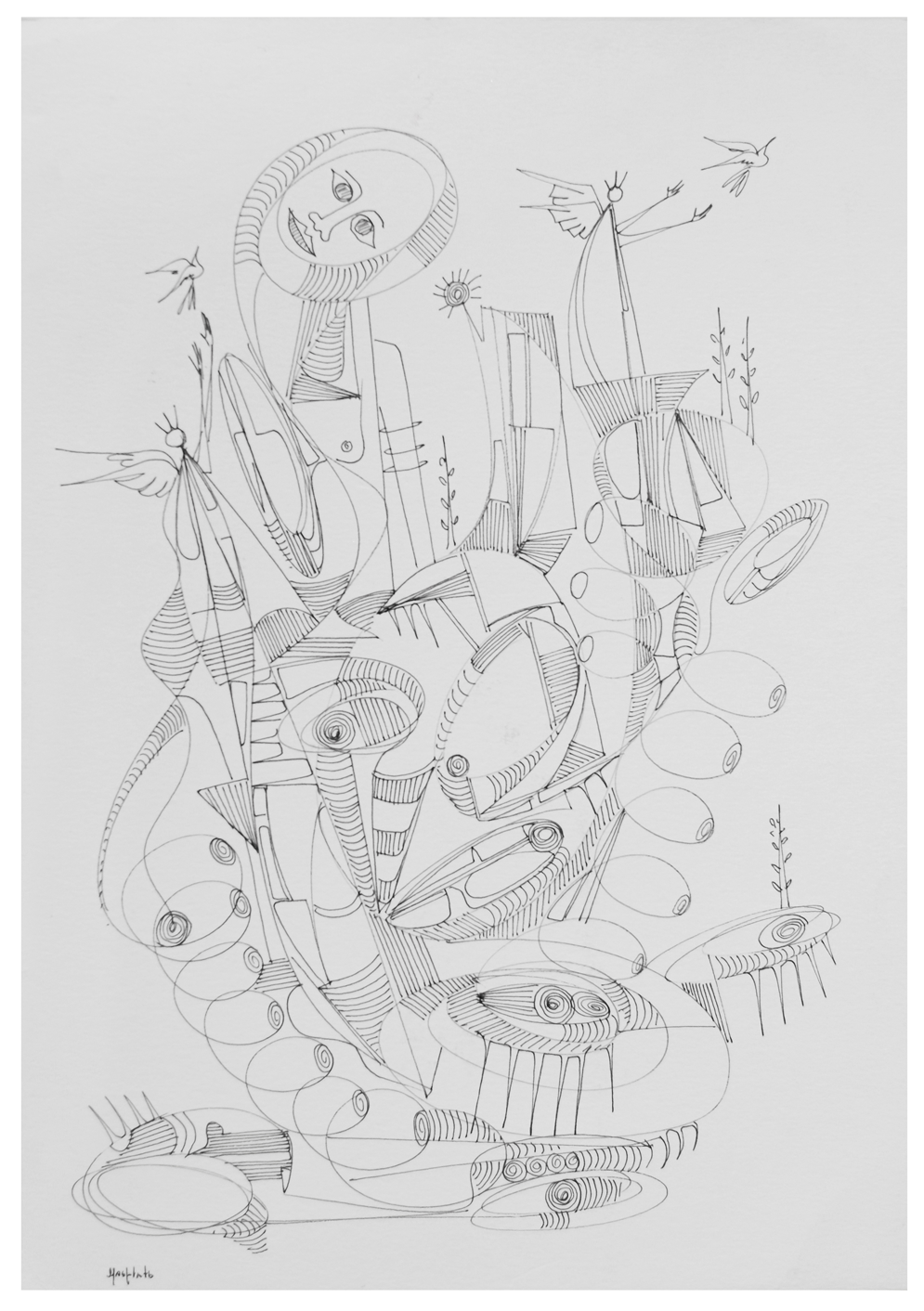 "Inquisitive lady", 2020, ink on watercolor paper, 11"x15"