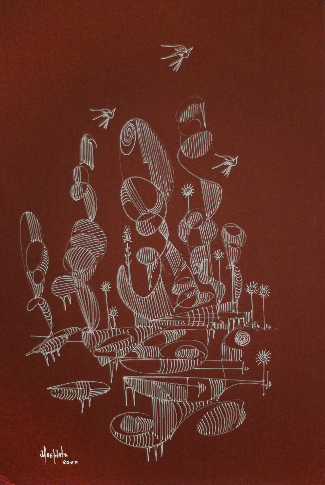 "Fly away", 2020, white ink on maroon board, 10"x15"