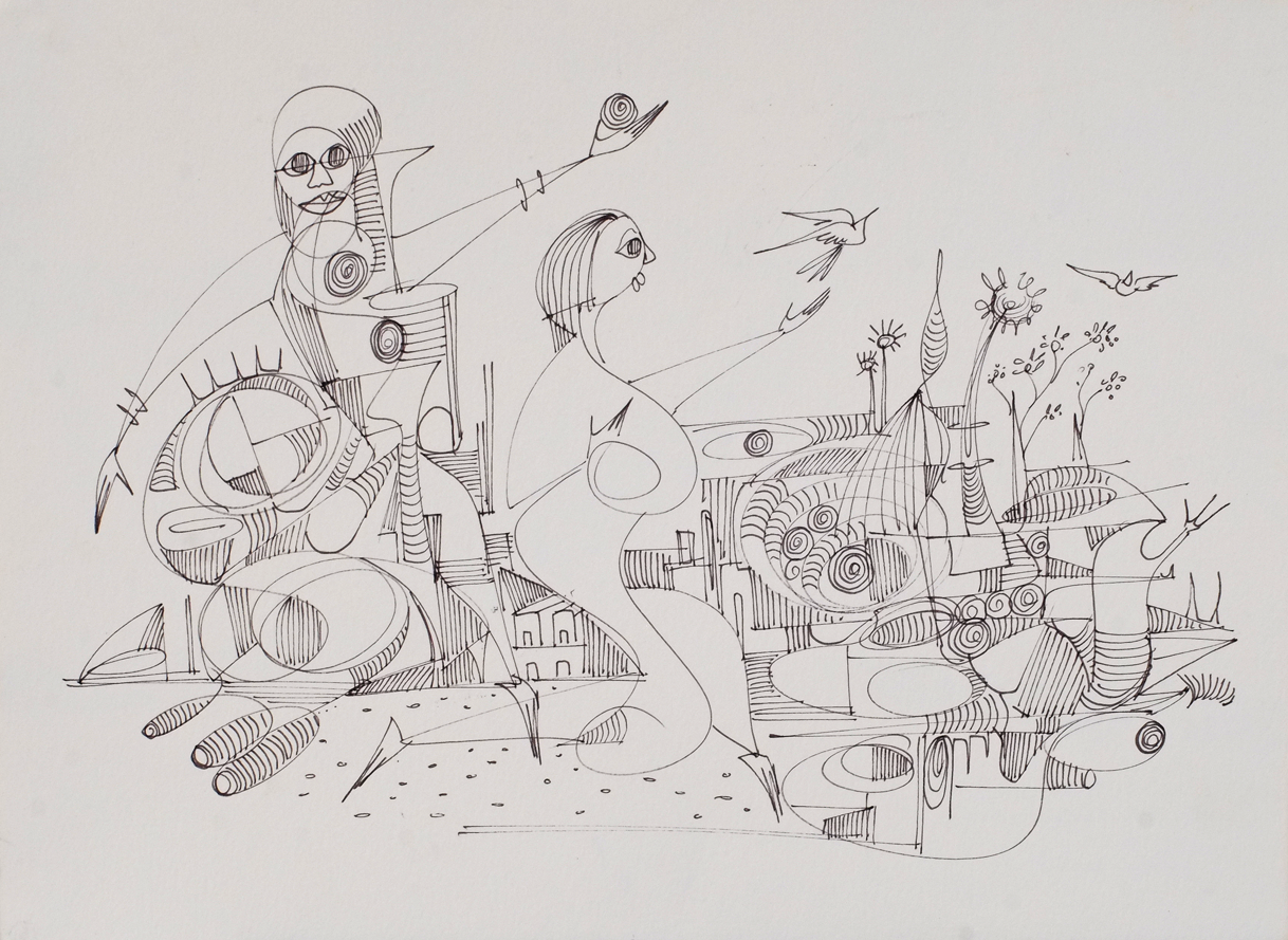 Maria en la plaza, 2020, Ink on Watercolor paper, 15"x11"