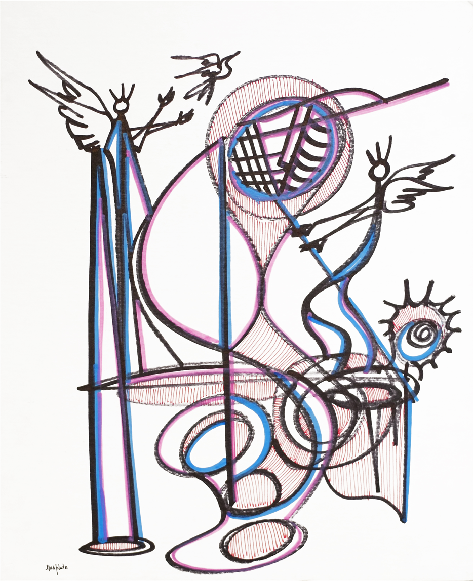 "Release", 2020, marker and ink on board, 14"x16.75"