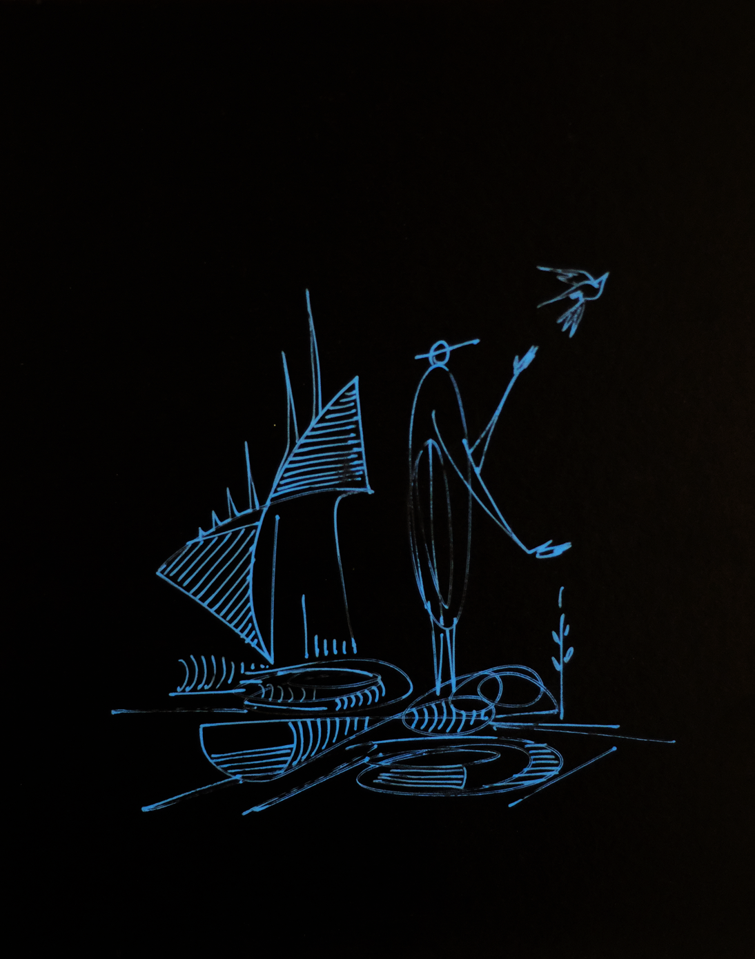 "Saw them soar", 2020, blue ink on black board, 8"x10"