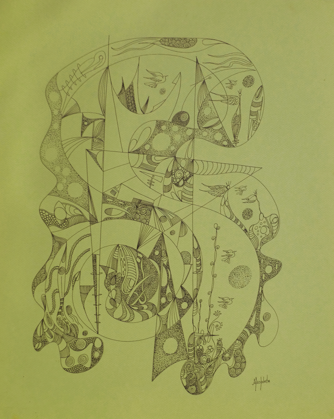 Ocean and earth in the world of angels, 2009, ink on green board, 20"x16"