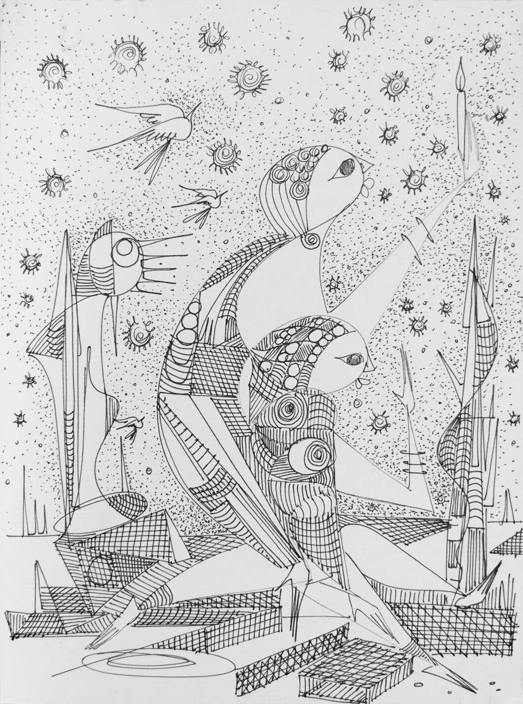 "Ladies Following To Light", 2017, Ink on board, 9"x12.5"